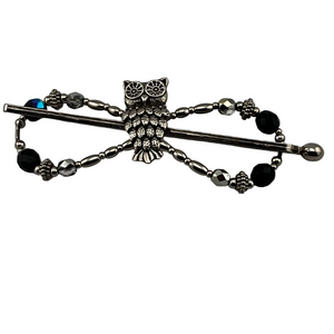 Silver Night Owl Flexi Thick Hair Clip Blue Beaded Accents Large 4” Barrette